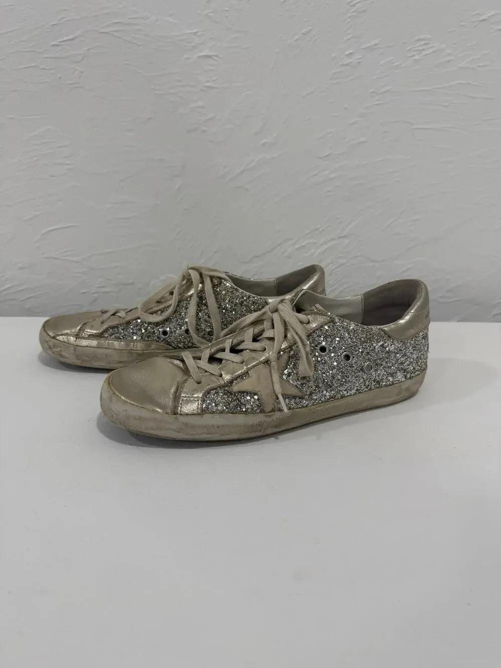Golden Goose Silver Glitter Suede Superstar Lace Up Sneakers Size 42